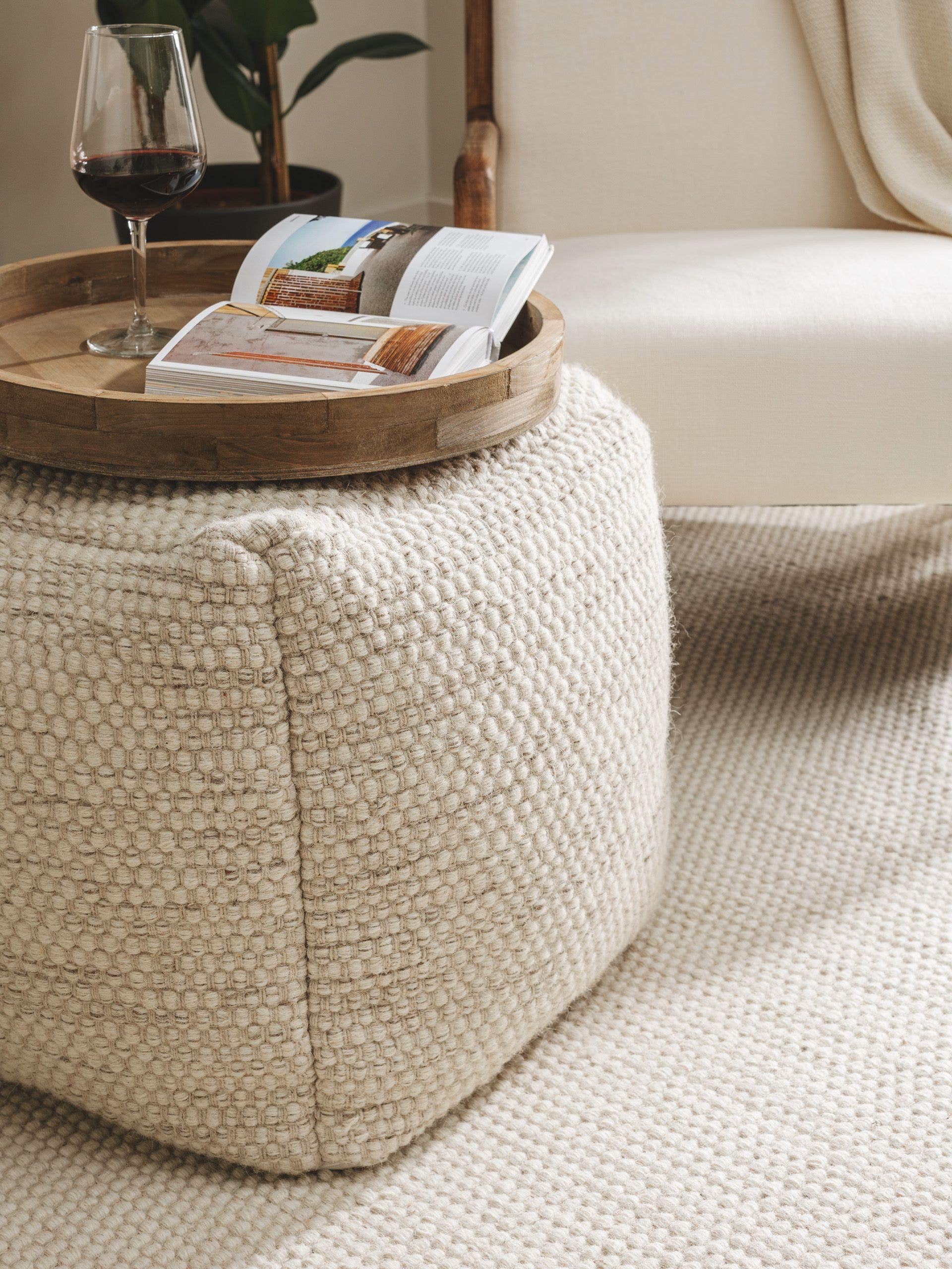 Handmade Wool Pouf/taburet Rocco Cream 