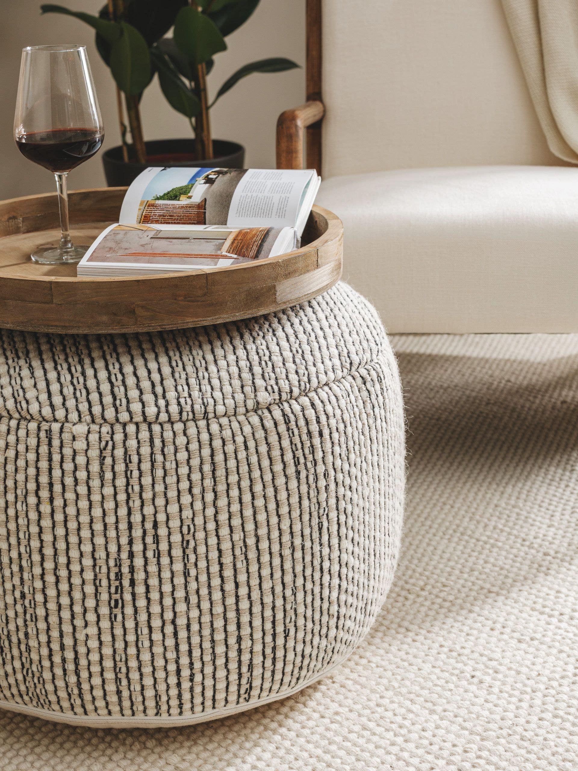 Handmade Wool Pouf/taburet Rocco Beige/Black 