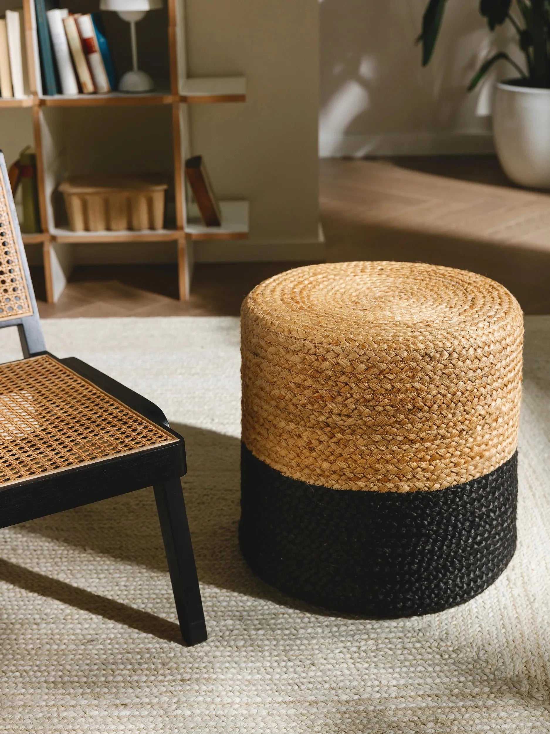 Handmade Jute Pouf/taburet Jutta Light Brown/Black