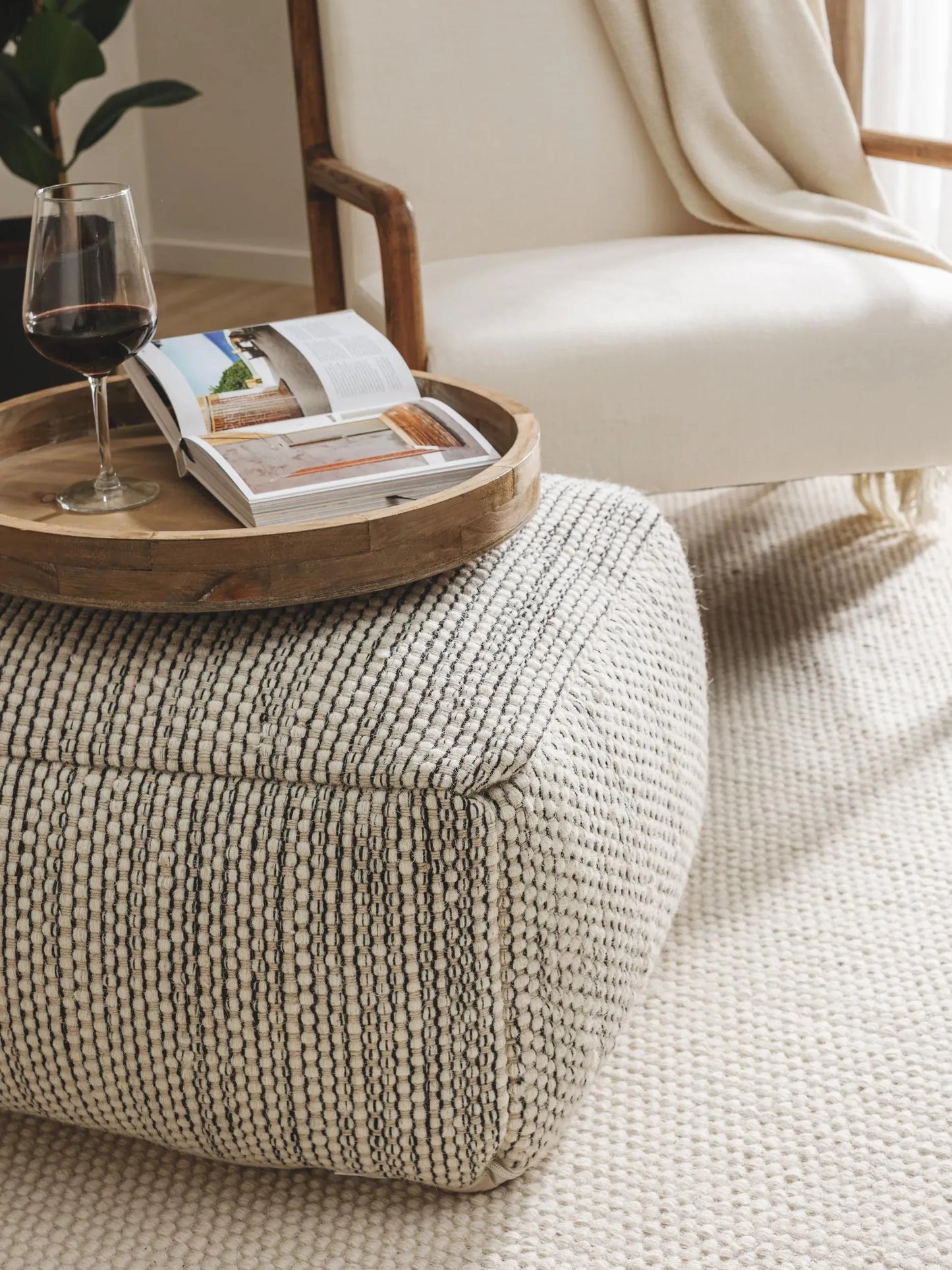 Handmade Wool Pouf/taburet Rocco Beige/Black