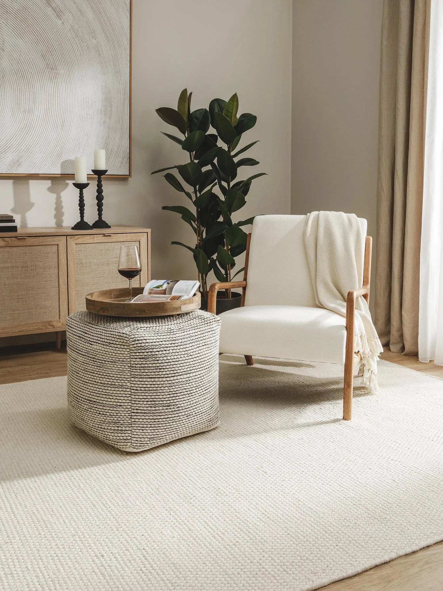 Handmade Wool Pouf/taburet Rocco Beige/Black