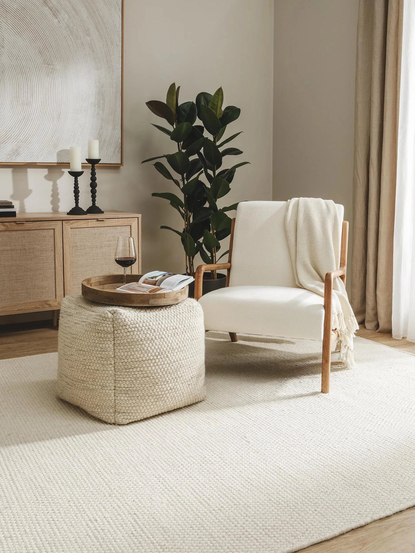 Handmade Wool Pouf/taburet Rocco Cream