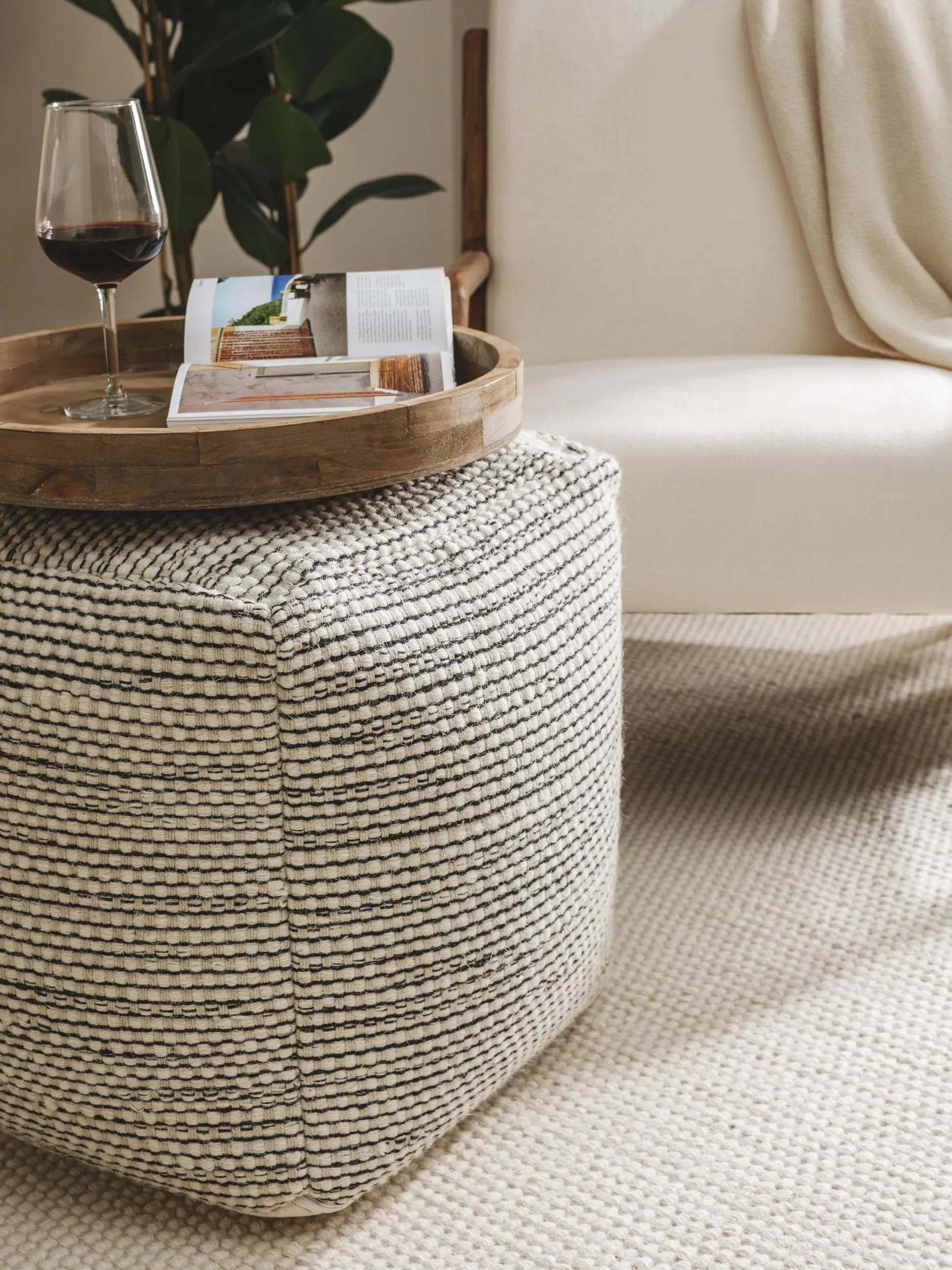 Handmade Wool Pouf/taburet Rocco Beige/Black