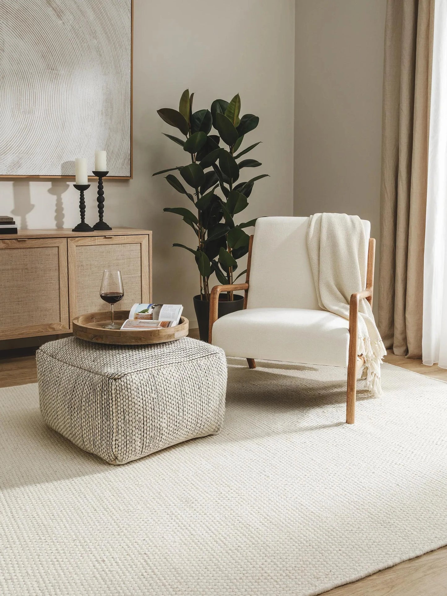Handmade Wool Pouf/taburet Rocco Beige/Black