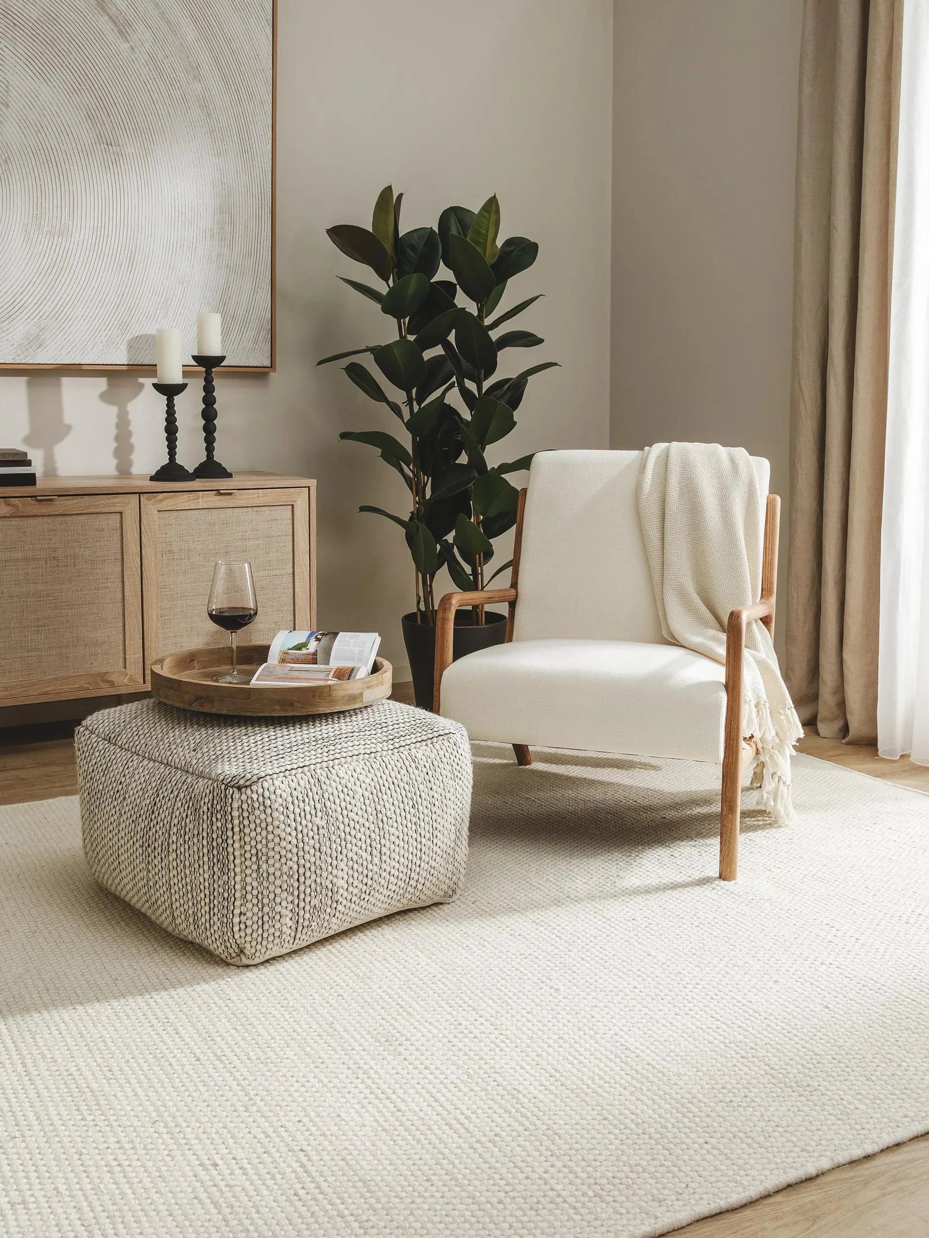Handmade Wool Pouf/taburet Rocco Beige/Black